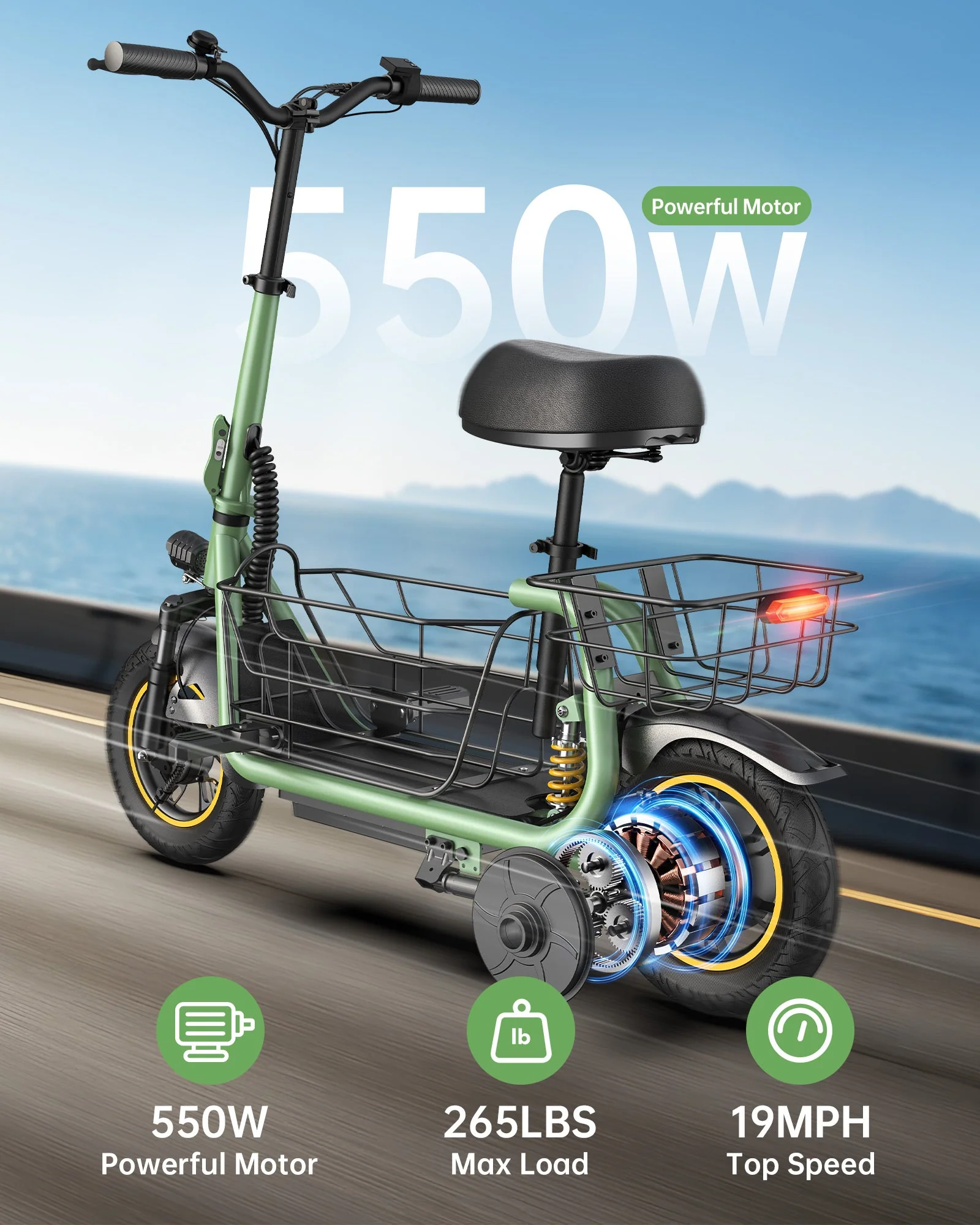 Gyroor C1 Pro 800W Scooter – Dual Baskets for Cargo & Pets - Image 3
