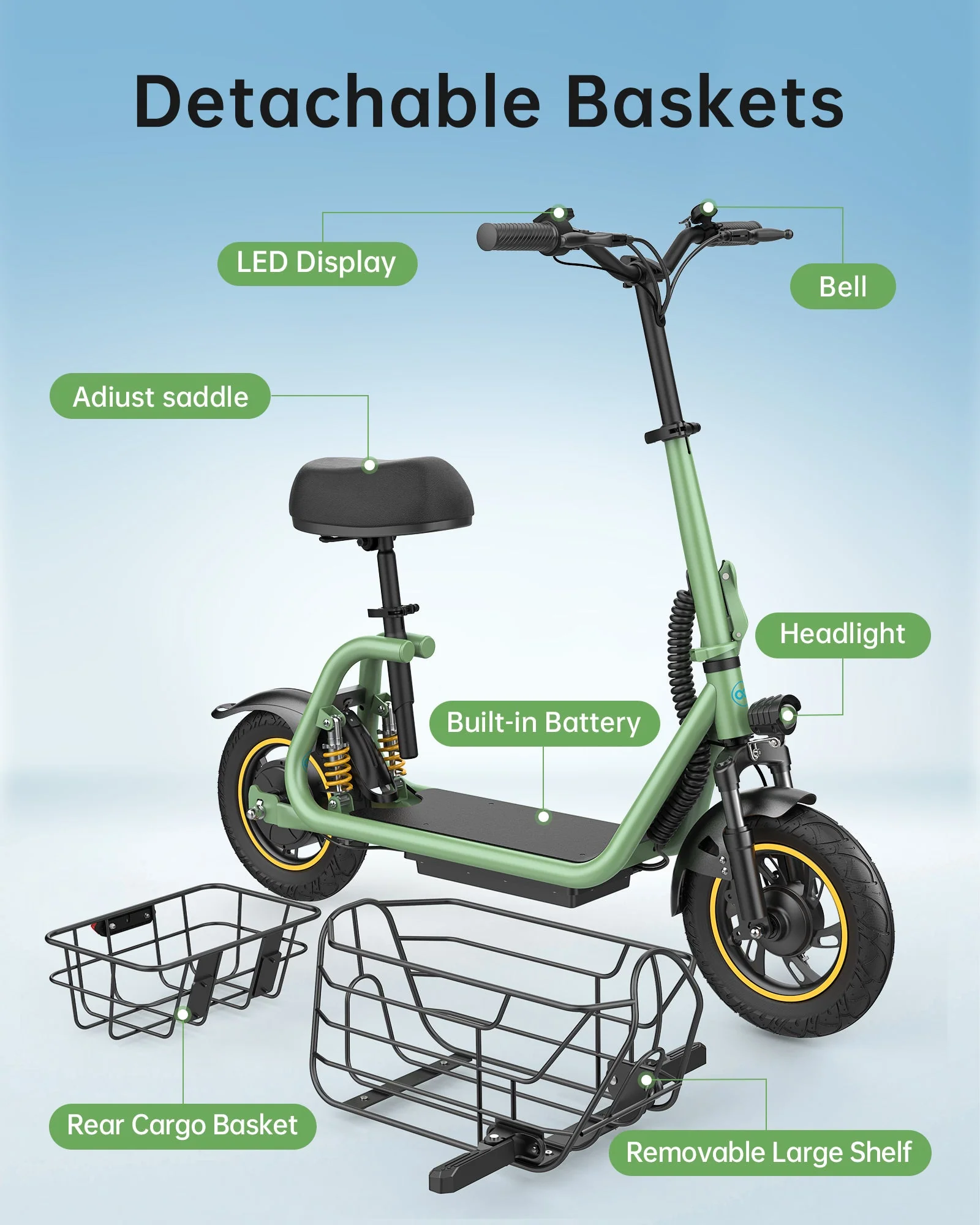 Gyroor C1 Pro 800W Scooter – Dual Baskets for Cargo & Pets - Image 5