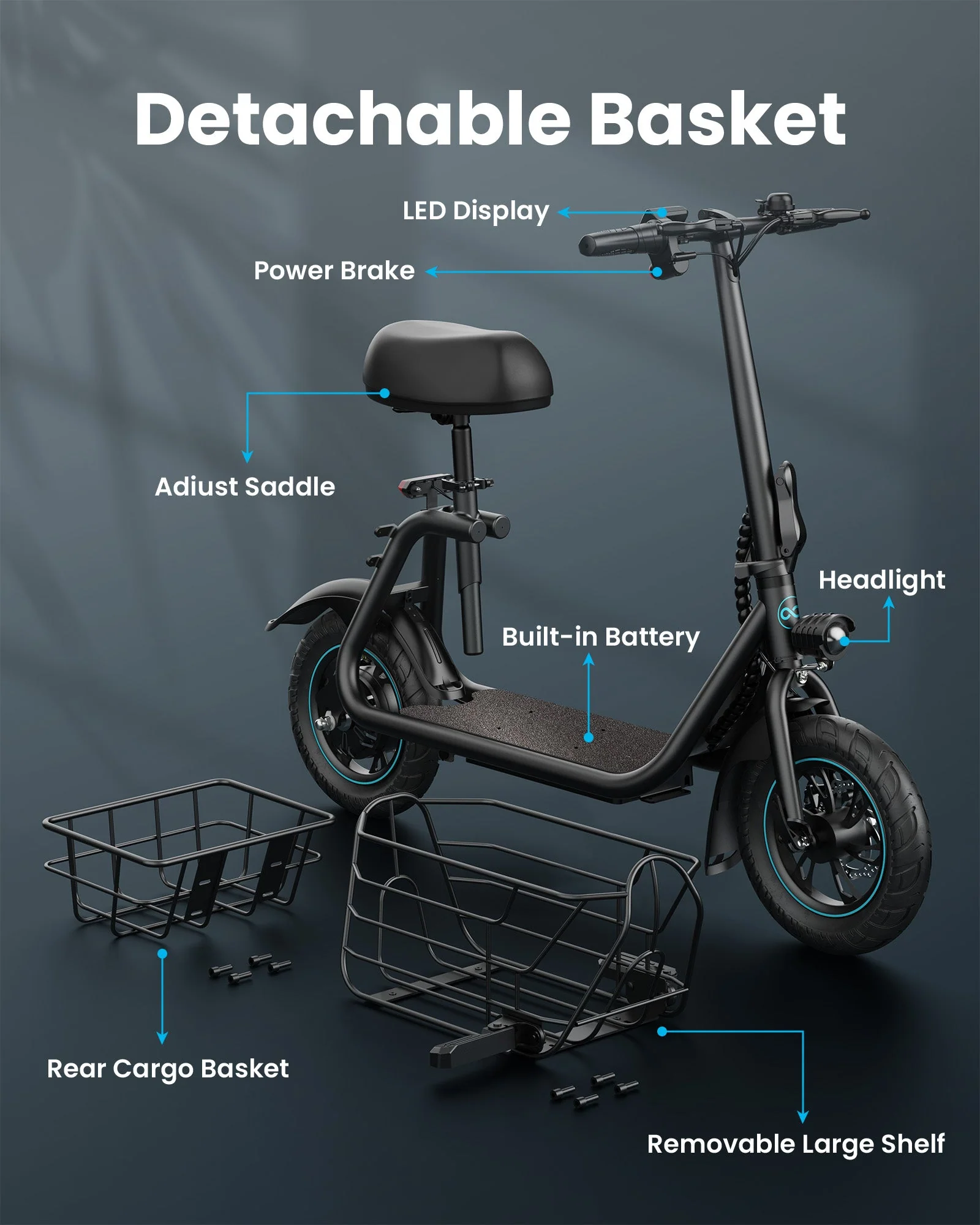 Gyroor C1S Electric Scooter 800W – Front & Rear Baskets - Image 6