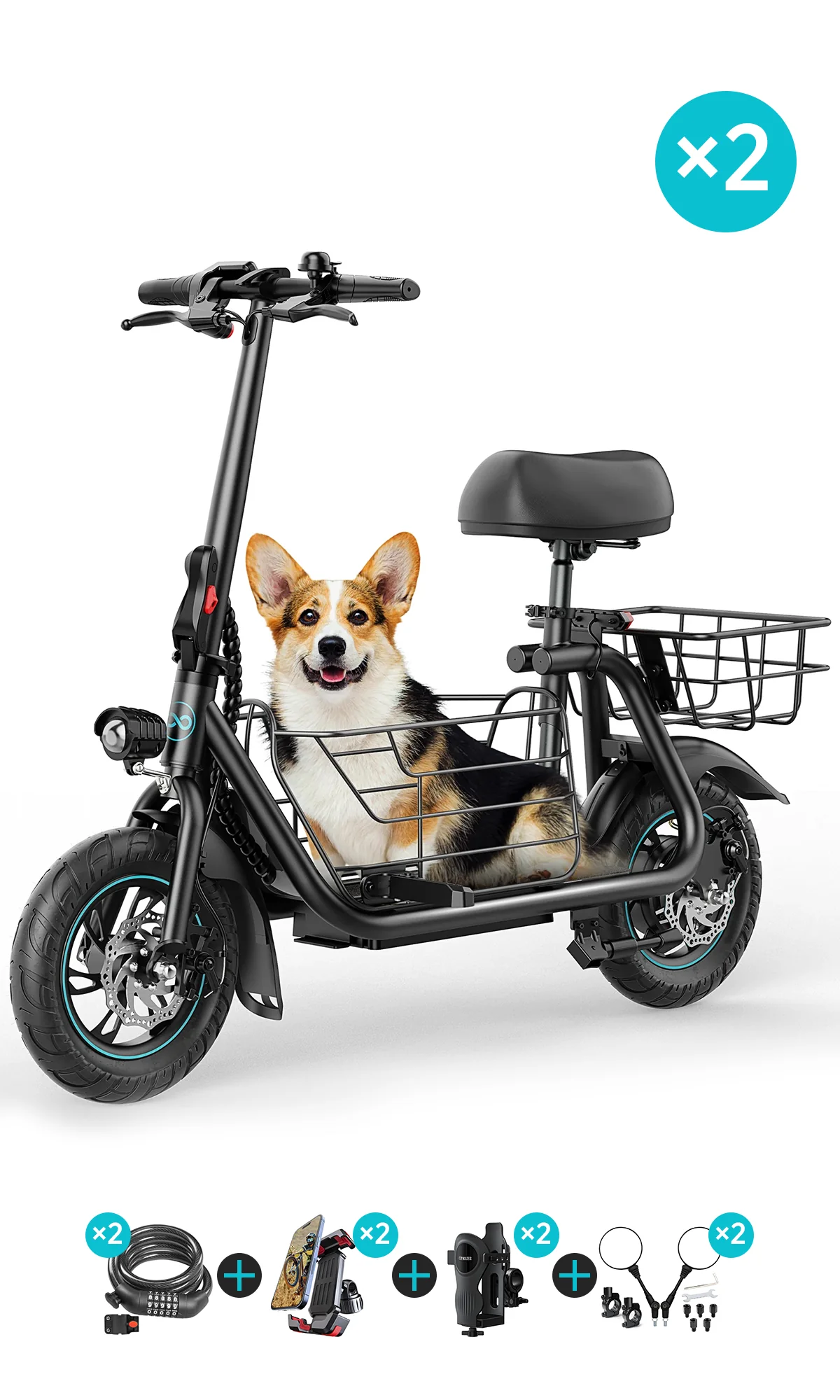Gyroor C1S Electric Scooter 800W – Front & Rear Baskets - Image 17